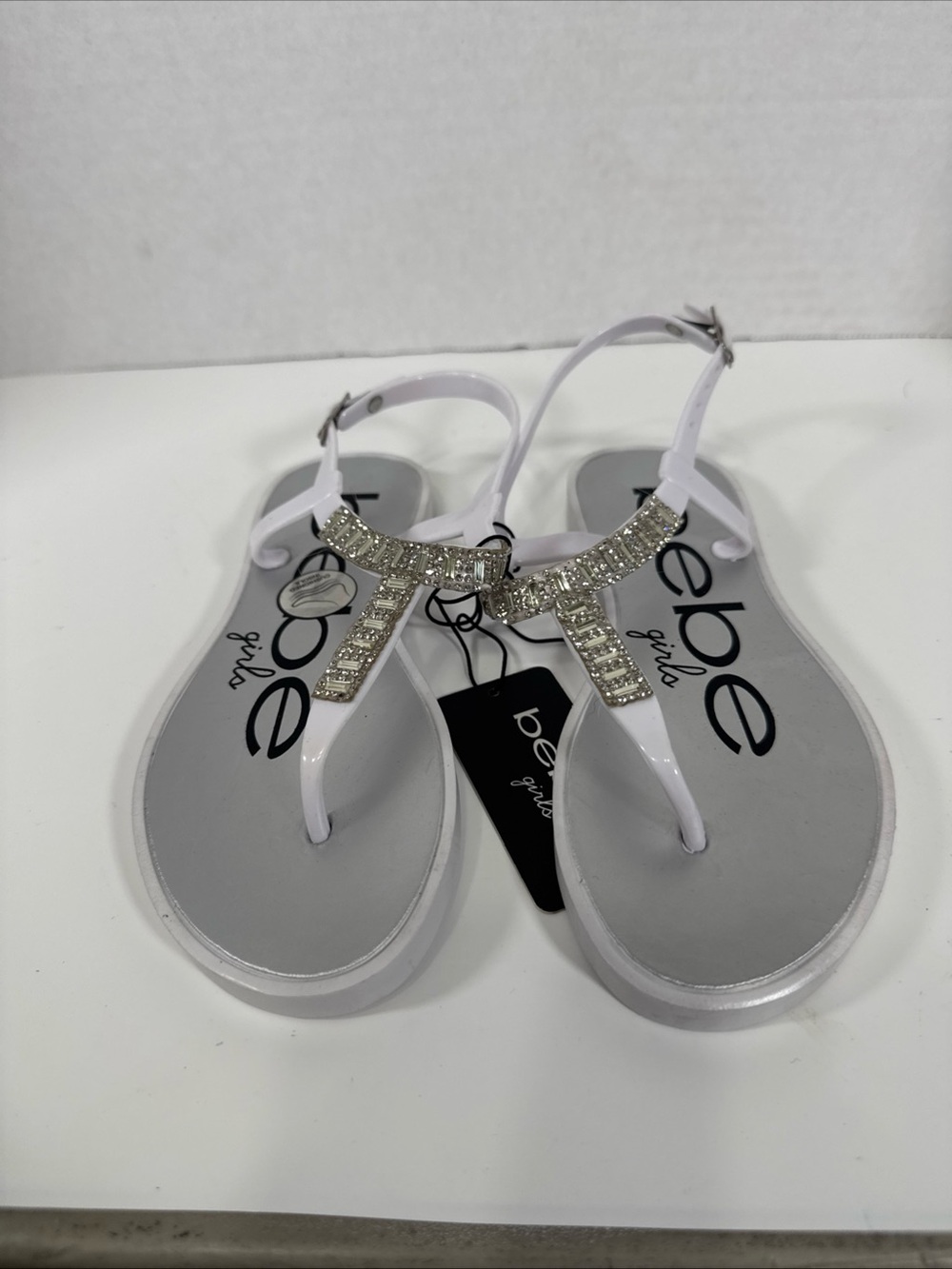bebe White Jeweled T-Strap Sandals